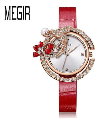 Relojes de cuarzo de lujo Megir Leather Diamond, correa de color rojo