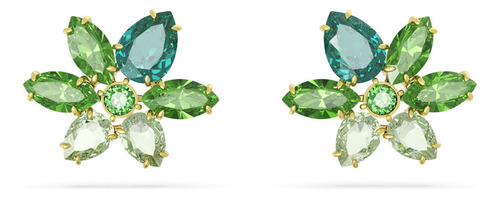 Aretes Swarovski Botón Gema Flor Verdes Oro