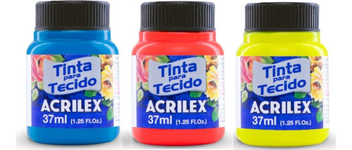 Kit 3x Tinta Para Tecido Fluorescente Acrilex 37ml - Escolha