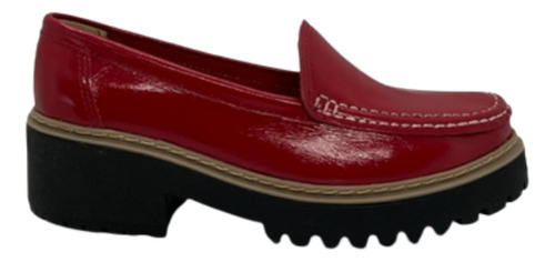 Mocasín Cuero Mujer Charol  Rojo Plataforma