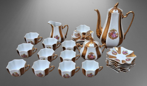 Juego De Café 27 Pz Porcelana Española Fraespa Pamplona Dorado/blanco Cuadrado (Usado)