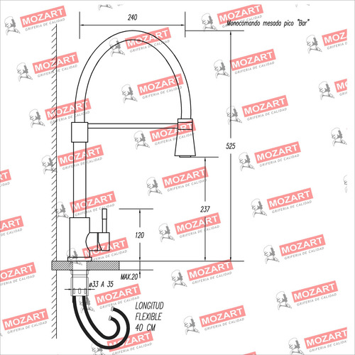 Grifería cocina canilla monocomando Mozart Dallas premium color rojo rociador flexible 9921