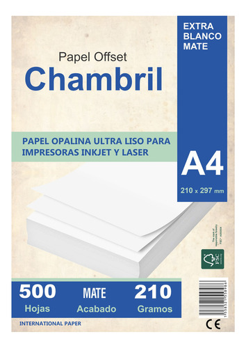 Papel Opalina A4 210 Gr Chambril Para Inkjet Y Laser 500 Hjs