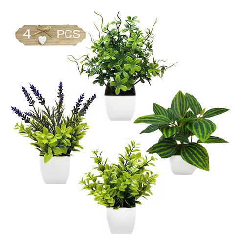 . 4 Macetas Plantas Artificiales Barro Decoración Bonsai