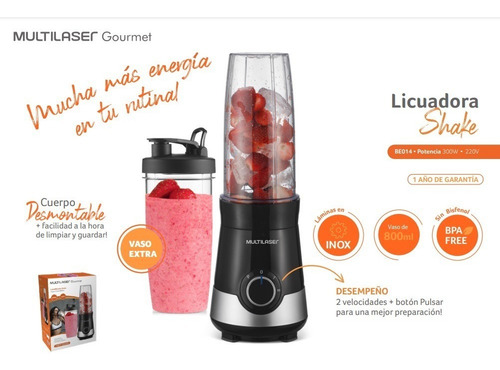 Imagen 5 de 5 de Licuadora portátil Multilaser Shake 800 mL negra y plata con jarra de plástico 220V