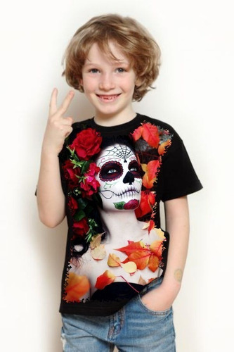 Camisa, Camiseta Criança 5%off Caveira Mexicana Com Flores