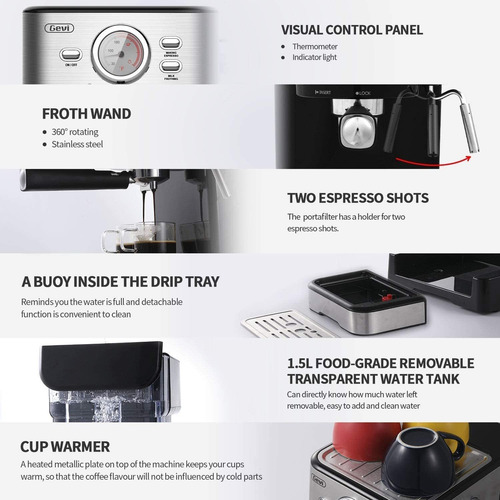 Imagen 6 de 8 de Cafetera De Expreso Con Espumador 1,5l 1100 W Gevi