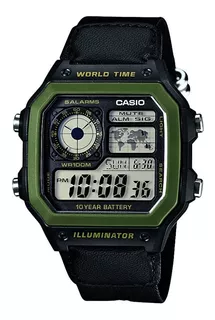 Reloj pulsera Casio Digital AE-1200 de cuerpo color verde, digital, fondo negro, con correa de tela color negro y verde, dial negro, subesferas color amarillo y negro, minutero/segundero negro, bisel