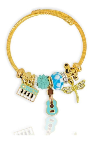 Pulsera Libélula Guitarra Y Piano Oro Laminado 