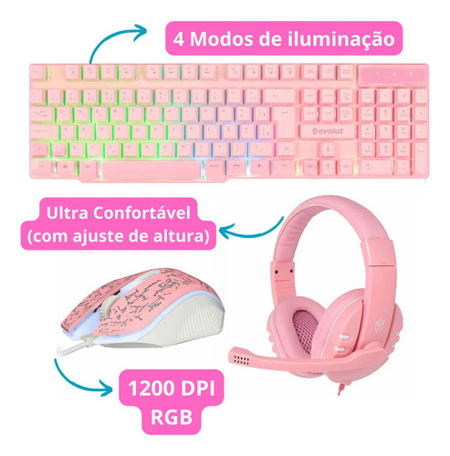 Kit Monitor 19'' Hdmi E Vga + Teclado E Mouse Rosa Gamer