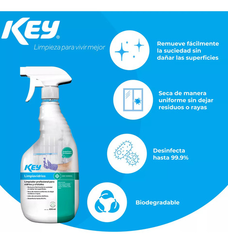 Limpiador Profesional Vidrios Y Multisuperficies Key 650ml Sin Amoníaco