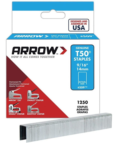 Grapas Arrow T50 9/16   (14mm) Caja 1250 Unidades  50924sp