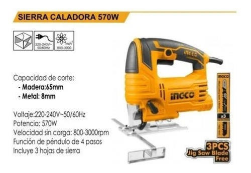 Imagen 2 de 5 de Sierra Caladora 570w Ingco Js57028 + 3 Sierras