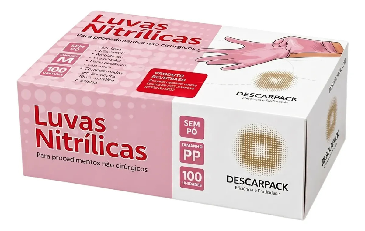 Luvas descartáveis antiderrapantes Descarpack Luva Nitrilica cor rosa tamanho PP de nitrila x 100 unidades
