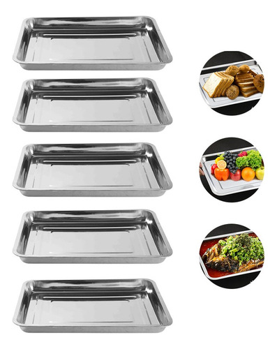 Kit 5 Bandeja Retangular Aço Inox Rasa 35x45cm Garçom Restau