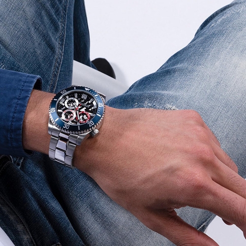 Reloj Multifunción Para Hombre En Tono Plateado Y Azul Marin