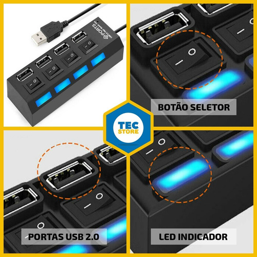 Imagem 8 de 10 de Hub Usb 4 Portas Carregador Adaptador Led Chave Seletora 2.0