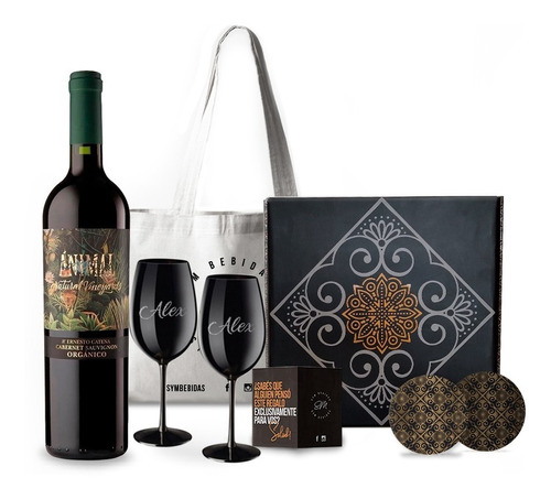 Box Vino Animal Organico Malbec 2 Copas Negras Grabadas 