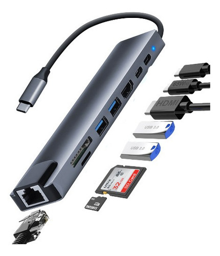 Adaptador Usb C A Hdmi Ethernet Usb Hub 8 En 1 Mac Windows 