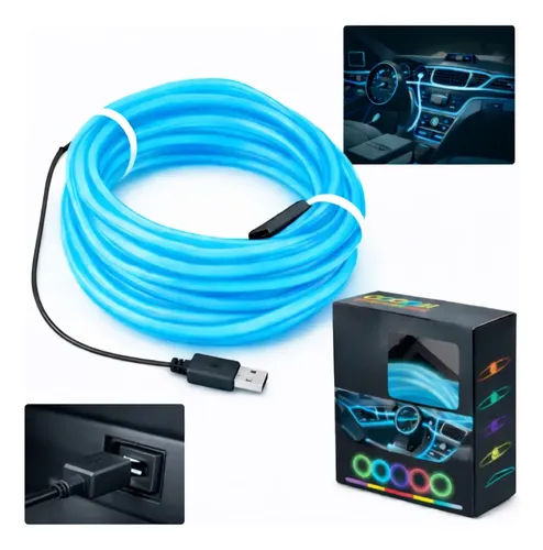 Fita De Led Neon Painel Carro 12v Usb Cigarro 3/5m Rgb Cores Usb 5 Metros - Azul-céu