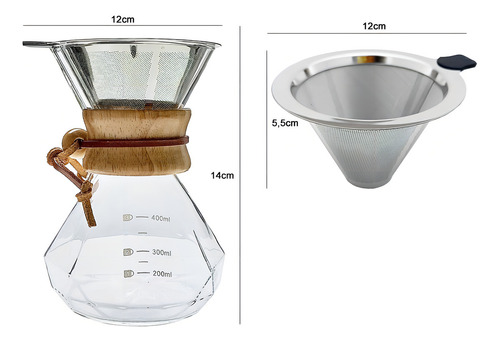 Passador De Café Vidro E Coador Inox 400ml Alça Madeira Cor Moca 0