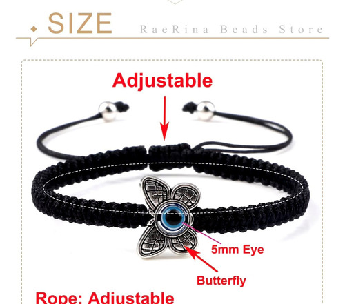 T Pulsera Roja Con Dije Mariposa Y Ojo Turco, Ajustable