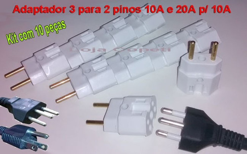 Kit 10 Pinos Adaptador Tomada Benjamin 3 Pino P/ 2 10a E 20a