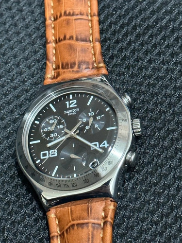 Reloj Swatch Hombre Cuero Marron Cronografo Ycs564c Color De La Malla Marrón Color Del Bisel Plateado Color Del Fondo Negro