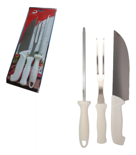 Kit Churrasco Inox 3 Peças Profissional Faca Garfo Chaira Cor Branco