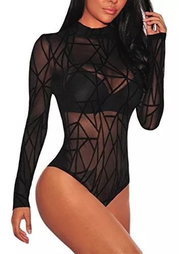 Body Sexy de malla transparente para mujer, Body de manga larga, cuello  alto, encaje de retales, Color negro sólido - AliExpress