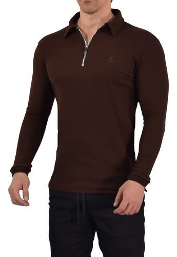 Playera Polo Zipped John Leopard Manga Larga Muscle Fit 