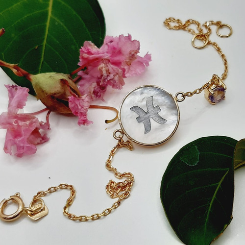 Pulseira Signos Peixes Madreperola E Ametista Ouro 750