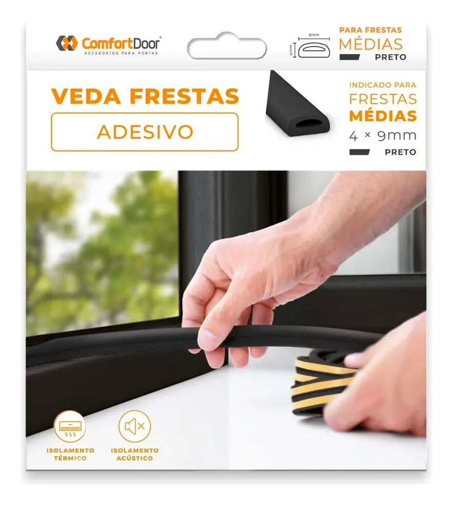 Veda Frestas Auto Adesivo Porta Janelas 4mm Preto - 6 Metros Cor Preto 4MM