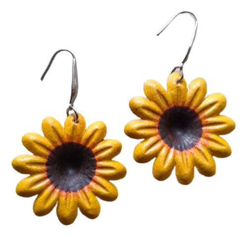 Aretes Artesanales Girasoles En Cuero Hecho A Mano