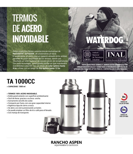 Termo Acero Inoxidable Waterdog 1l Con Manija Correa Cuotas