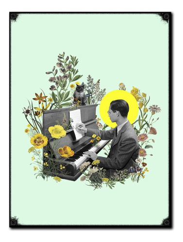 #1297 - Cuadro Vintage - Piano Gato Música Flores No Chapa