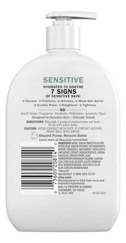 Olay Limpiador Facial Sensible Con Extracto De Avena, Limpiador Suave En Crema, 16 Onzas Líquidas 473 Ml Una Limpieza Suave E Hidrata Para Calmar Siete Signos De Piel Sensible: Sequedad, Descamación.