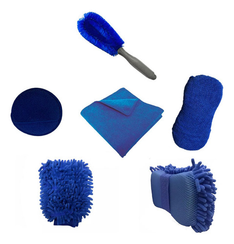 Kit 6 En 1 Microfibra Limpieza Cepillo Esponja Detailin Auto Color Azul