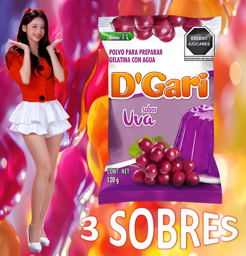 Dgari® 3 Gelatinas De Agua Sabor Uva Rinde Un Litro Wow