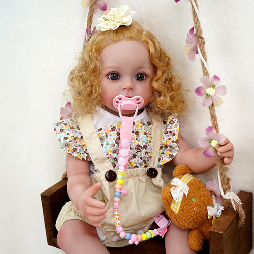 Brastoy Bonecas Pintada Princesa Cabelo Dourado Silicone Bebe Reborn 55cm