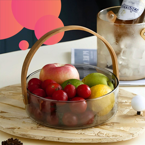 Saladeira Vidro Com Alça Madeira Balde Fruteira Decorativa Cor Transparente