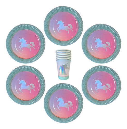 Set Plato 17cm Vaso 266cc X 6u Unicornio Iridiscente 