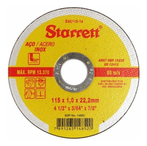 Disco De Corte Aço Inox 115mm X 1,0 Mm Starrett 10 Und