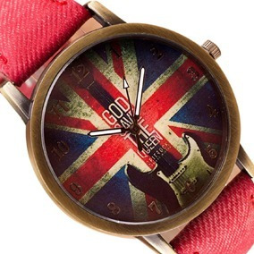 Relógio Vintage Bandeira Inglaterra Pulseira Tecido Vermelho