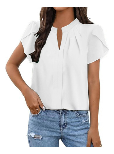 Blusa Casual Con Cuello Redondo Y Manga Corta Con Cuello En