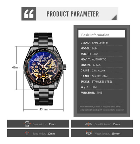 Reloj Skmei 9194 Mecanico Caballeros Negro Correa Metal