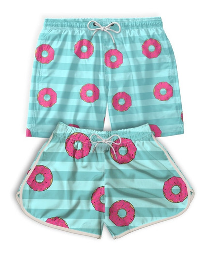 Kit Casal Short Bermuda Praia Donuts Rosquinhas Promoção