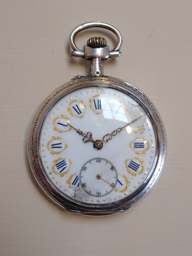 Reloj De Bolsillo De Cuerda Frances De Plata Y Porcelana