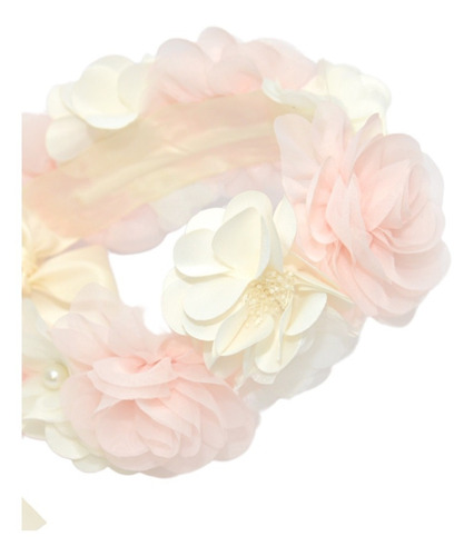 Tocado Corona De Flores Dobles De Tela Beige Rosa Ajustable