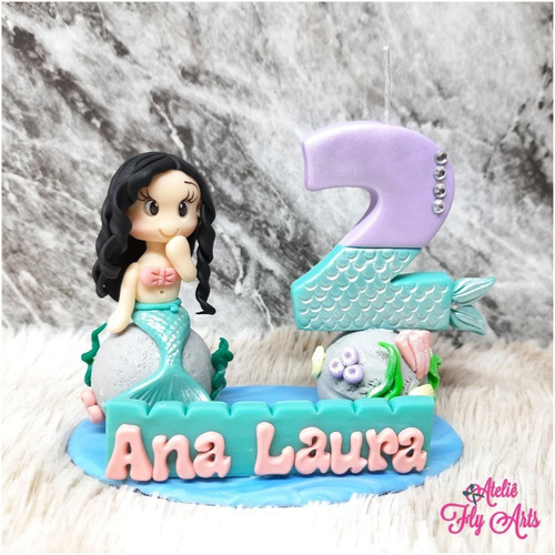 Imagem 4 de 9 de Topo Bolo Personalizado Biscuit Vela Sereia , Fundo Do Mar